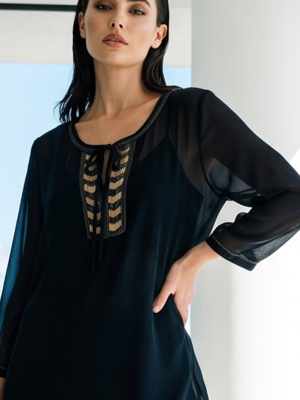 CACHE circa 2008! sheer navy blouse with beading! PERFECT CONDITION XS - Picture 1 of 7
